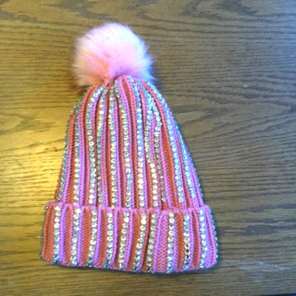 Pink Womens Faux Fur Pompom Rhinestones Beads Beanie Turn Up Knit Hat